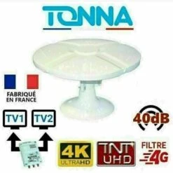 Antenne TV TNT Extérieure Omnidirectionnelle TONNA + Amplificateur Blanc - Gain Amplifiée 40 DB, Pour Camping Car, Caravane